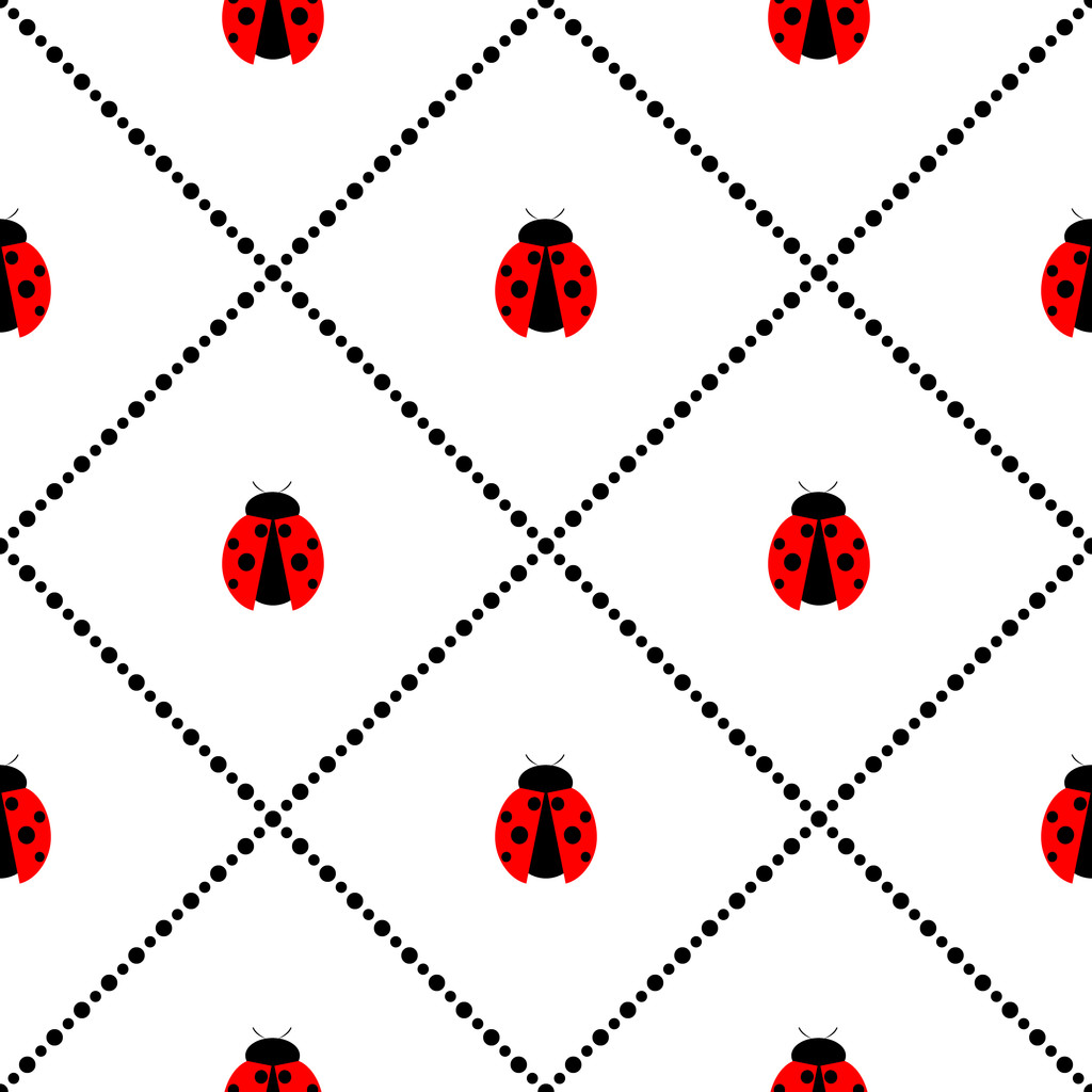 Seamless vector pattern with insects, symmetrical geometric background with bright little ladybugs - Διάνυσμα, εικόνα