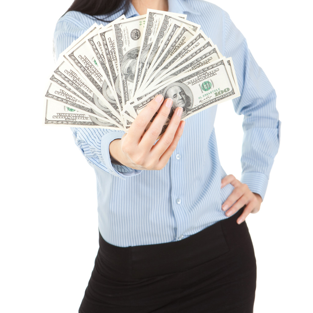 Giovane donna d'affari con mucchio di soldi
 - Foto, immagini