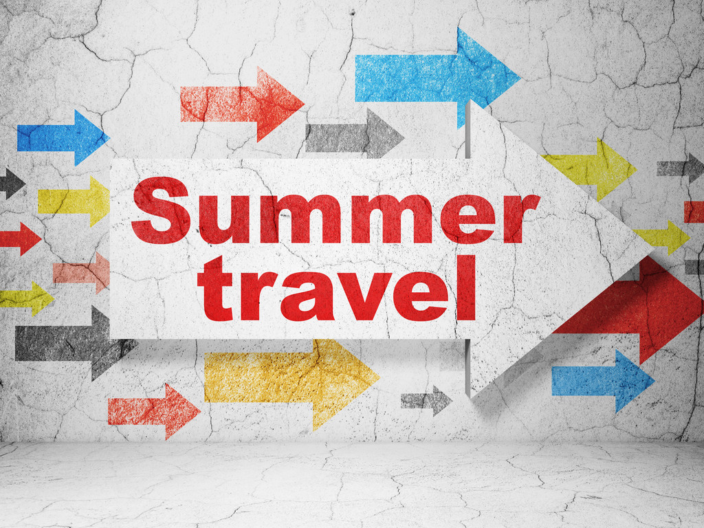 Vacation concept: arrow with Summer Travel on grunge wall background - 写真・画像
