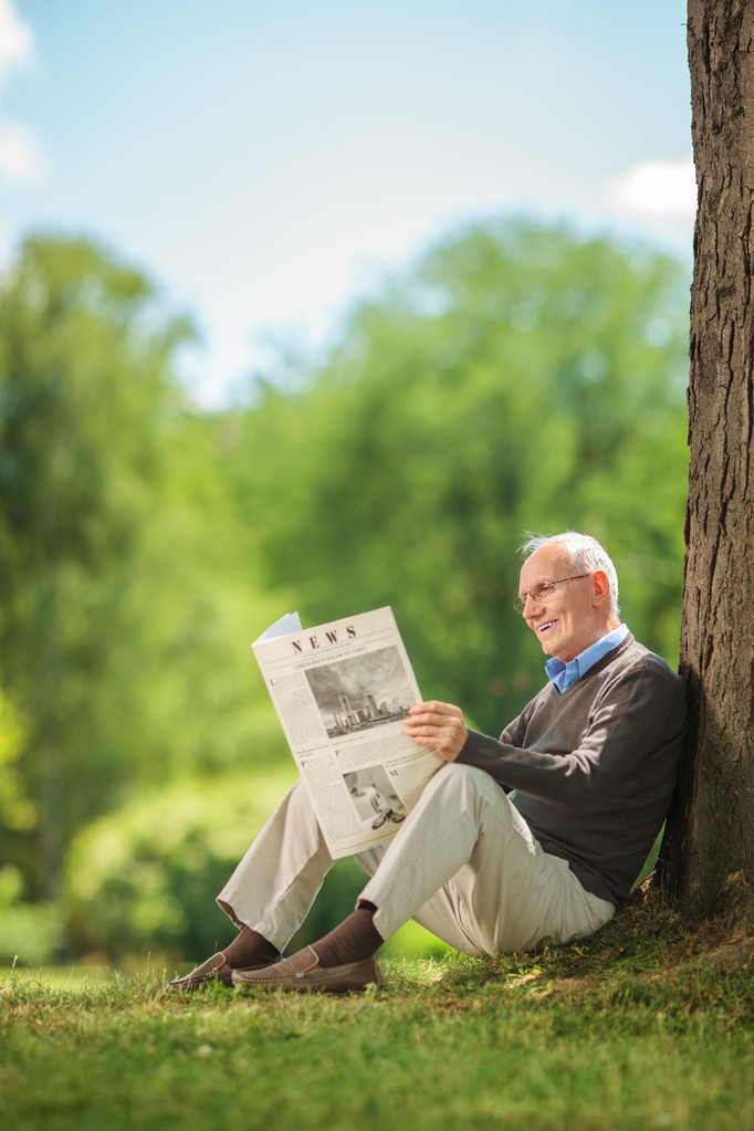 Старший джентльмен читает газету в парке
  - Фото, изображение