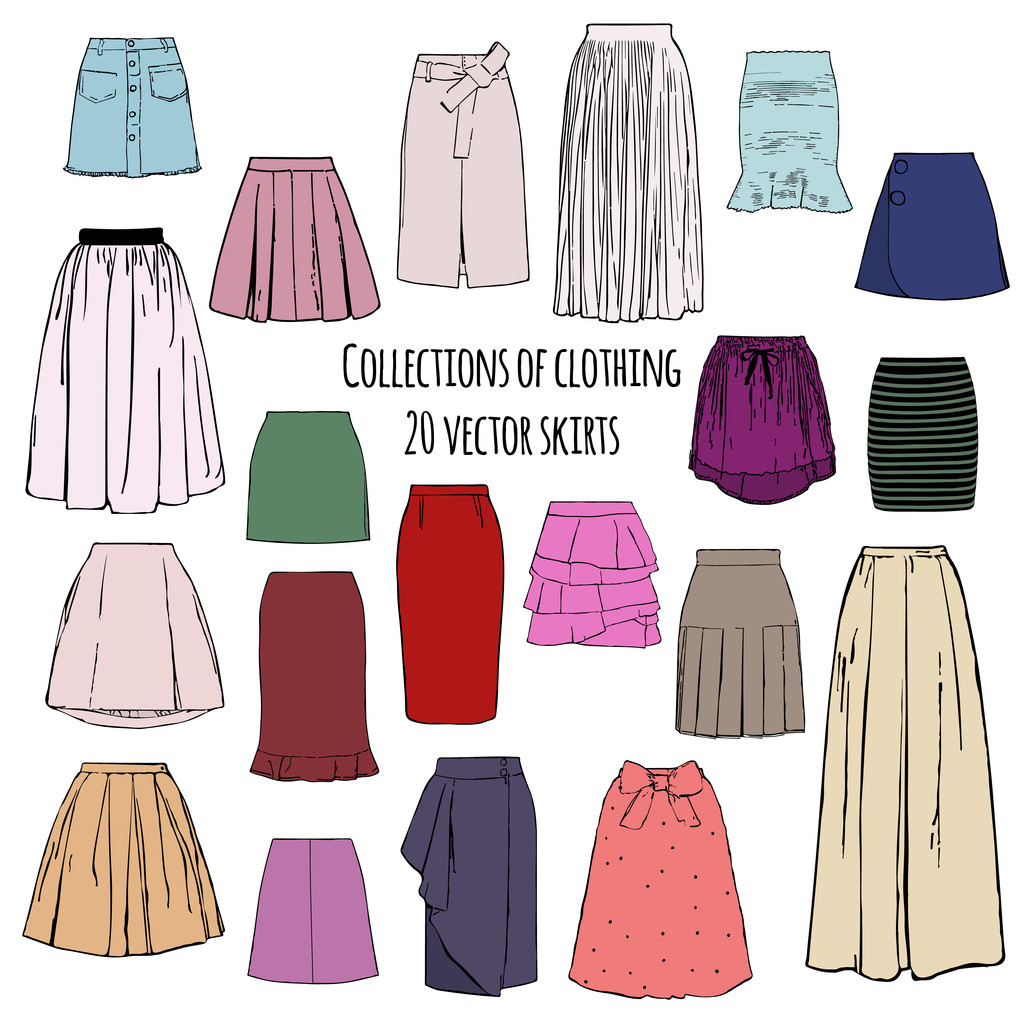 Collections of clothing, twenty colorful vector different styles of skirts - Vector, Image