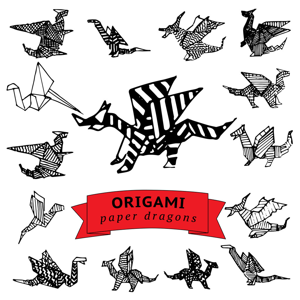 Načrtnuté origami draci - Vektor, obrázek