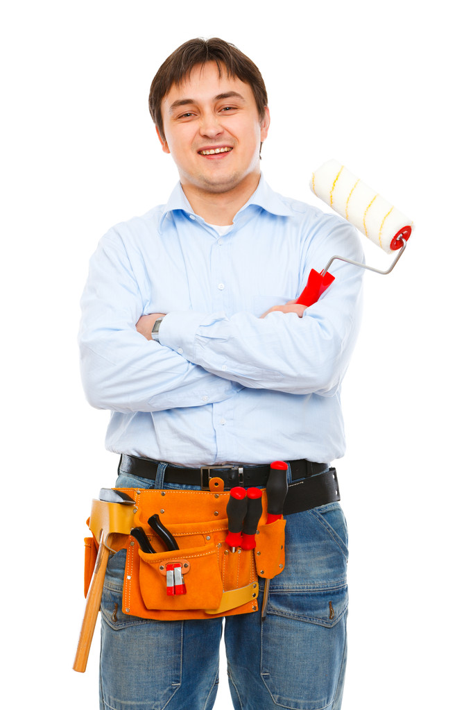 portret pracownik budowlany z malowania pędzlem - Zdjęcie, obraz