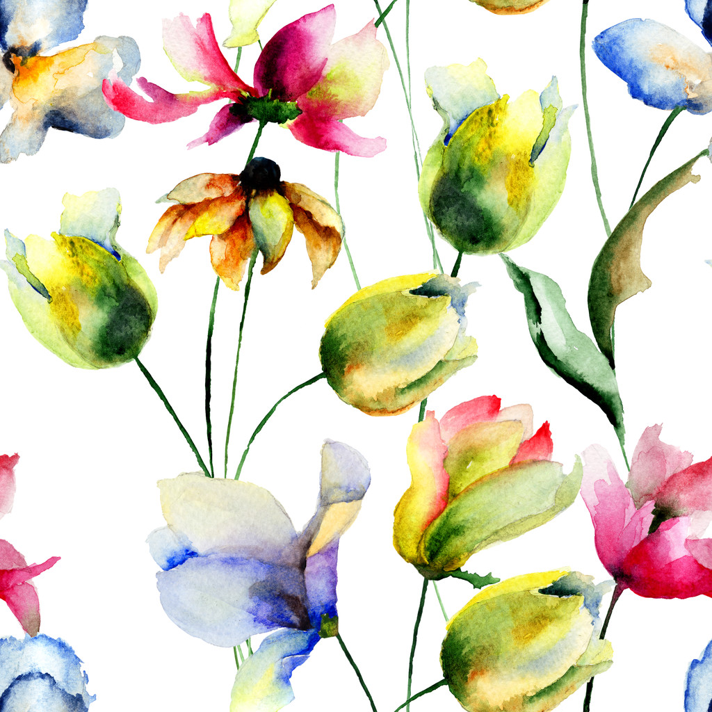 Fondo de pantalla sin costuras con tulipanes y flores Gerbera
 - Foto, Imagen