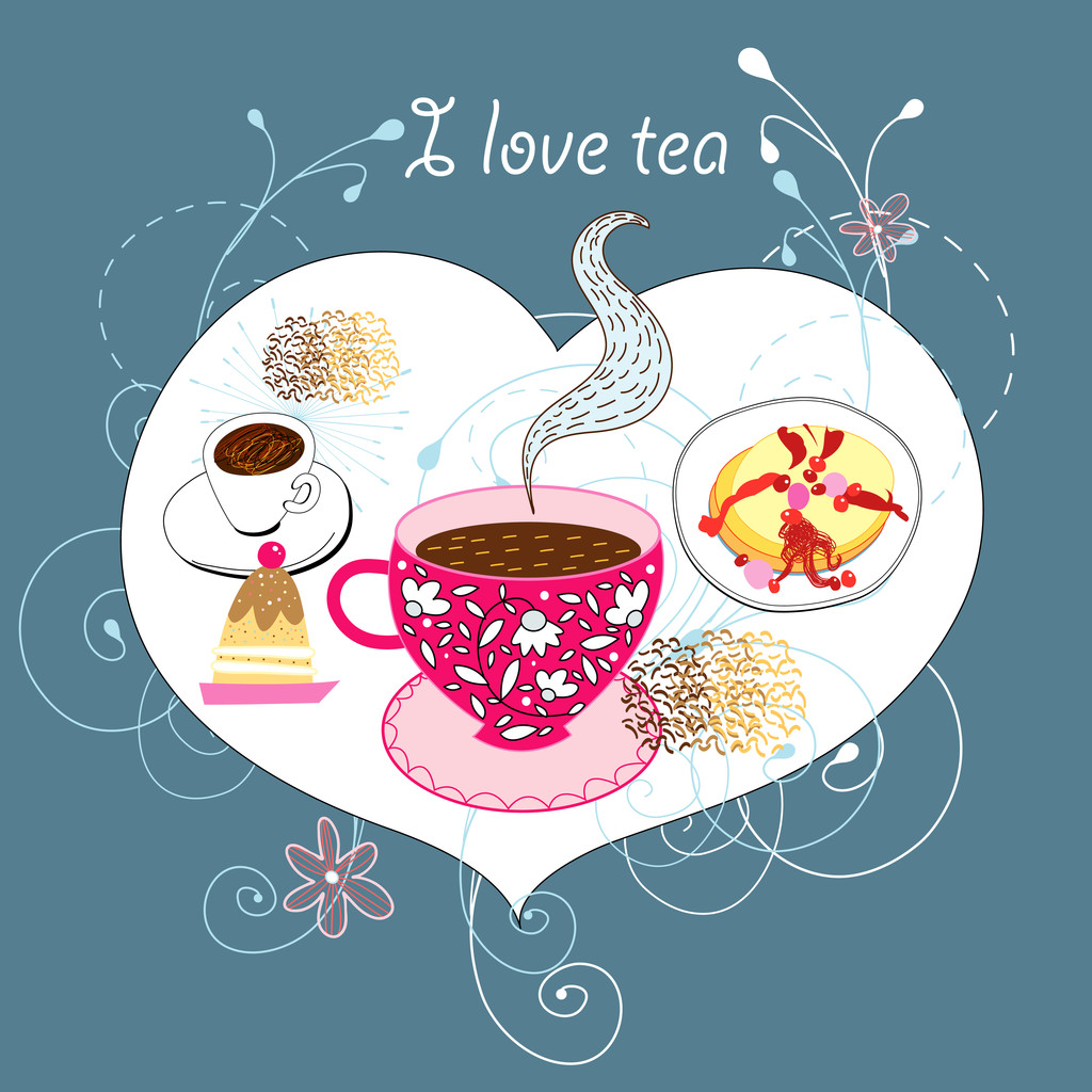 Cartolina con tè e dolci
 - Vettoriali, immagini