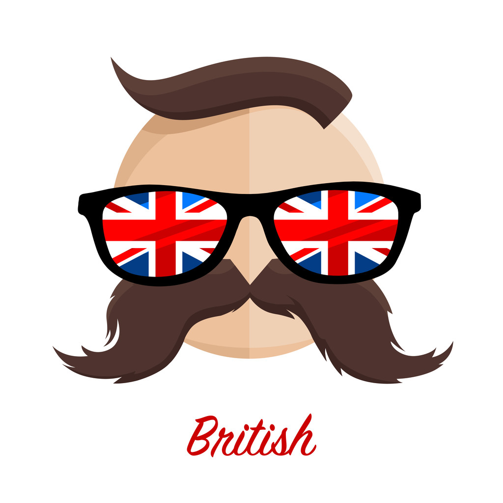 Британський hipster з прапором окуляри і вуса - Вектор, зображення