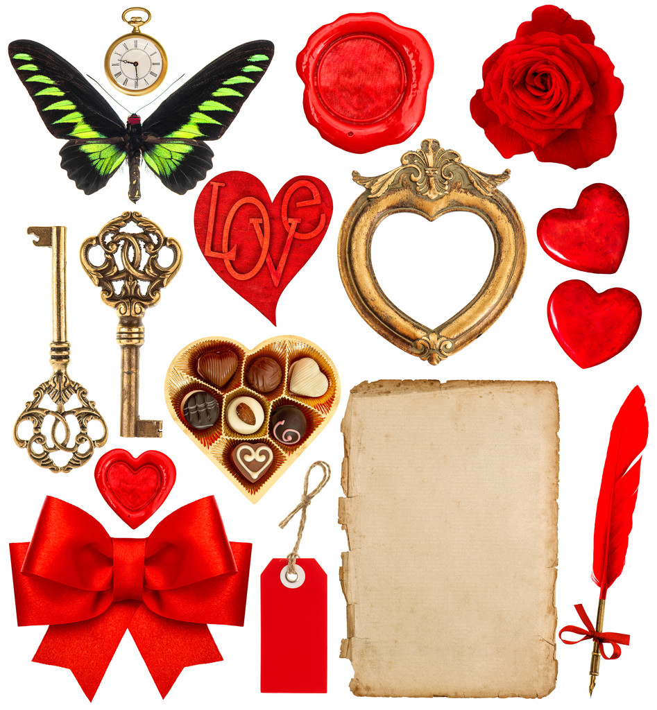 Livro de recortes do Dia dos Namorados. Caneta de papel, corações vermelhos, moldura dourada
 - Foto, Imagem