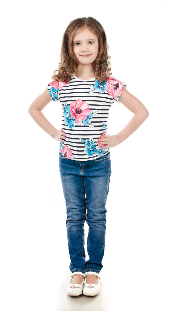 Милая улыбающаяся маленькая девочка в джинсах
  - Фото, изображение