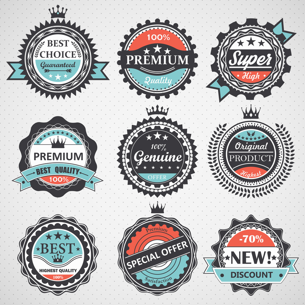 Set of premium quality, guaranteed, genuine badges, retro elements vector - Vector, Image