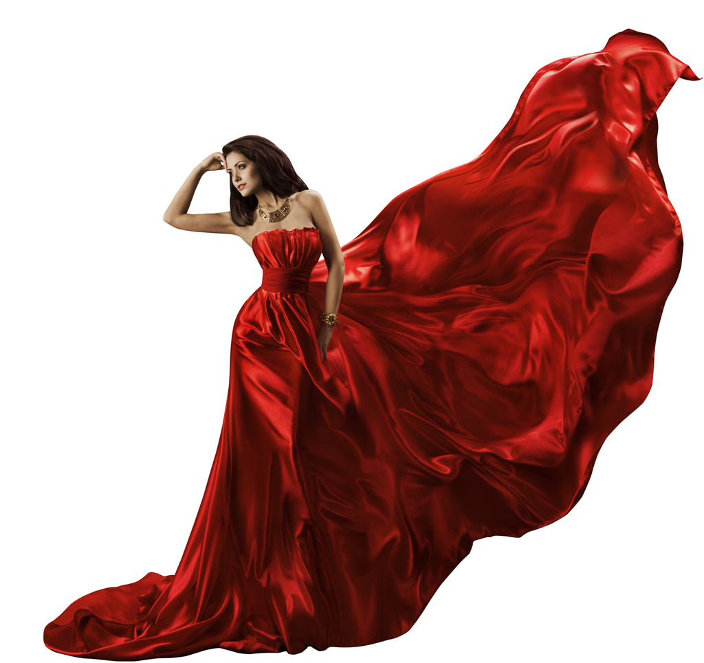 Kadın kırmızı elbise, sallama uçan ipek kumaş, güzellik modu beyaz - Fotoğraf, Görsel
