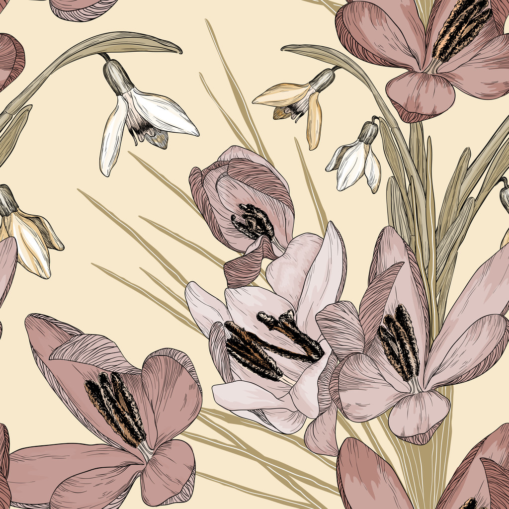 vintage floral seamless pattern with snowdrop and crocus flowers - Vector, Image