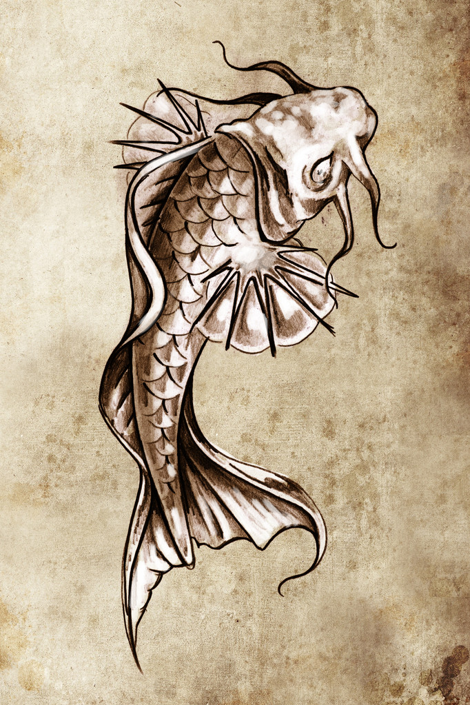 Esboço da arte da tatuagem, peixe dourado japonês
 - Foto, Imagem
