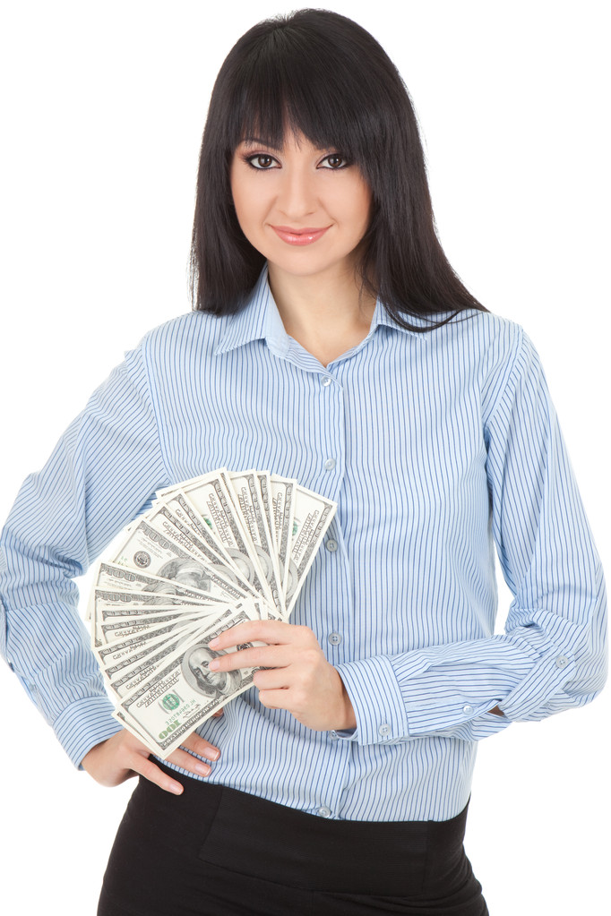 junge Geschäftsfrau mit einem Haufen Geld - Foto, Bild