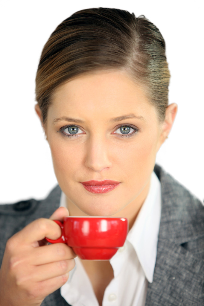 Femme avec tasse de café rouge
 - Photo, image
