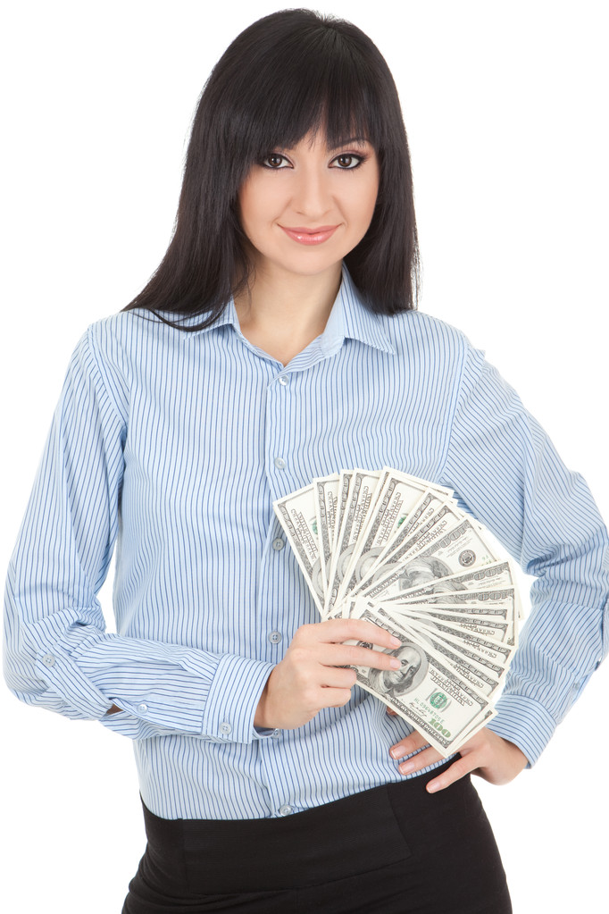 Jeune femme d'affaires avec pile d'argent
 - Photo, image