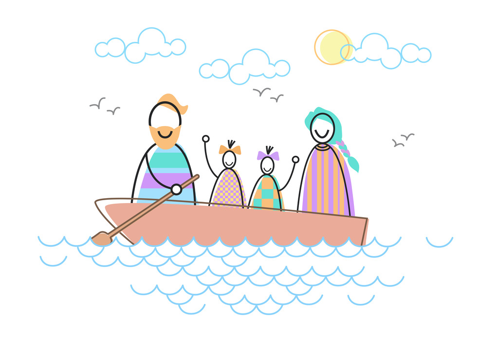 Šťastná rodina rodiče, dvě děti v lodi - Vektor, obrázek