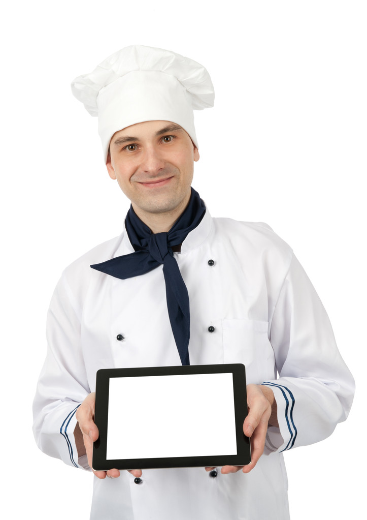 chef-kok een tablet pc met leeg scherm weergegeven: - Foto, afbeelding