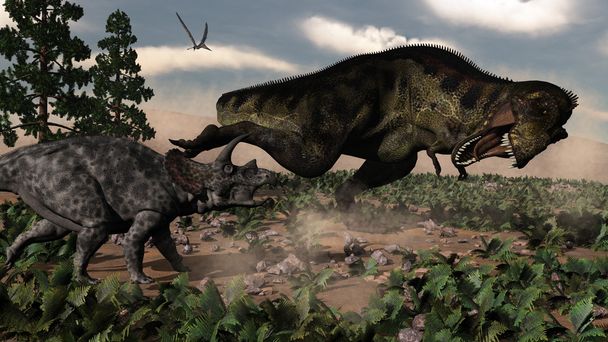 Tyrannosaurus rex rugiendo en un triceratops - 3D render
 - Foto, imagen