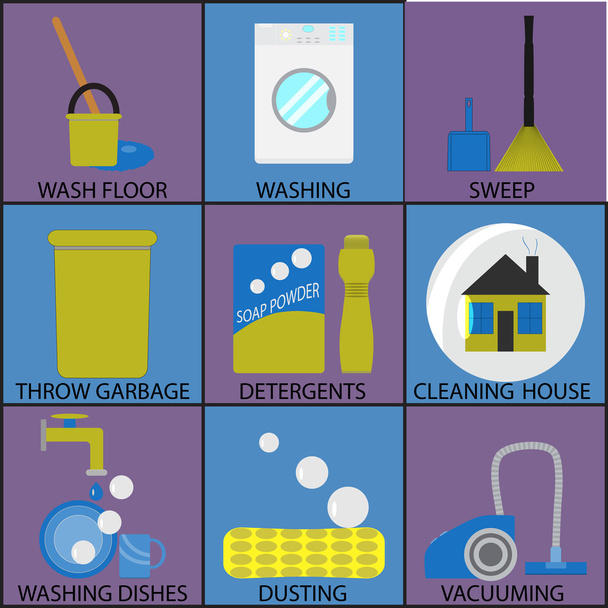 Ícone de limpeza definir lavagem de poeira e varredura
 - Vetor, Imagem