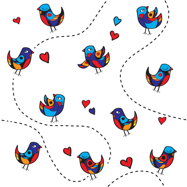 bezešvé vzor s veselé ptáků a srdce - Vektor, obrázek