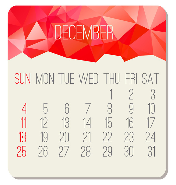 December 2016 monthly calendar - Vector, Imagen