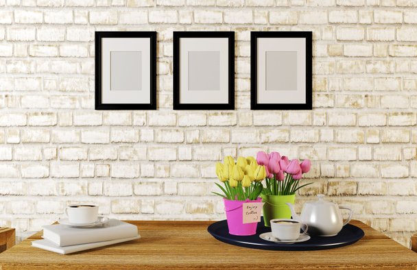 Coffee served on table in white brick room decorated with photo frames - Fotó, kép