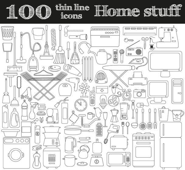 Home stuff icons. Set of 100 objects in thin line style. - Vektör, Görsel