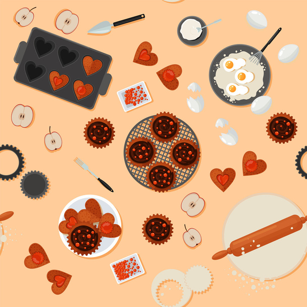 Backwaren nahtlose Muster mit Zutaten und Küchenutensilien - Vektor, Bild