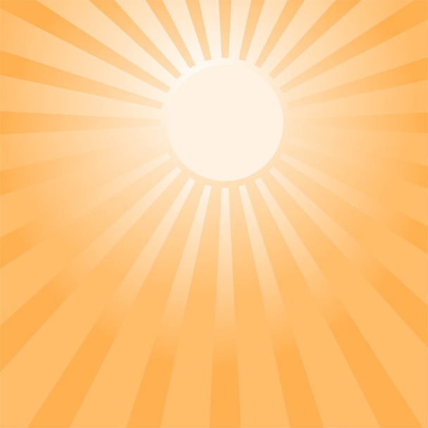 Oranje gloeiende zon in oranje hemel met felle zon in de middelste en oranje straal van licht rond de zon - Vector, afbeelding