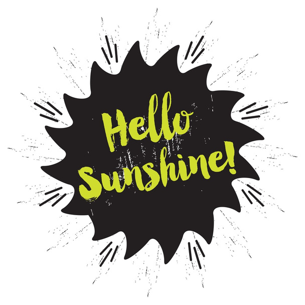 Modern and trendy tilted handwritten green Hello Sunshine word on black twisted star and sunburst on white background - Vector, Image