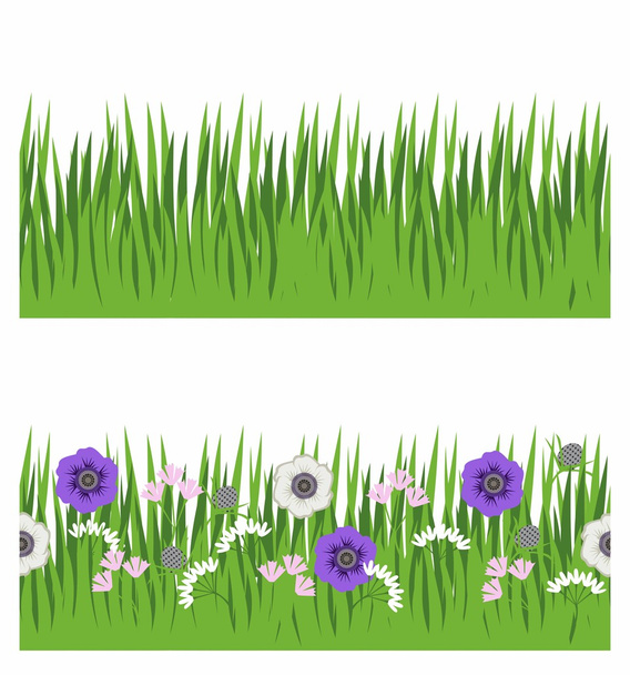 seamless strip of grass, grass and flowers - Vector, Image