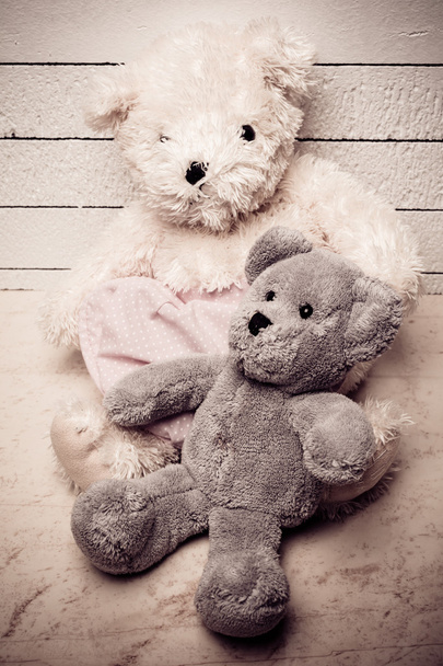 Teddyberen zittend op witte houten vloer met mooie achtergrond eenzaam - Foto, afbeelding