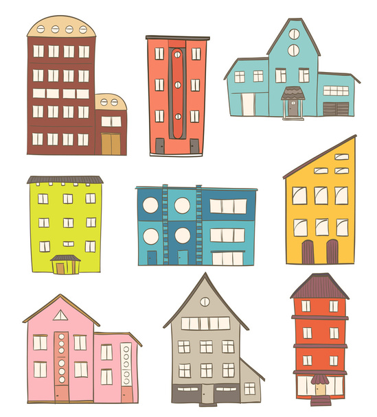 set of cartoon houses. vector drawing of retro buildings - Vektör, Görsel