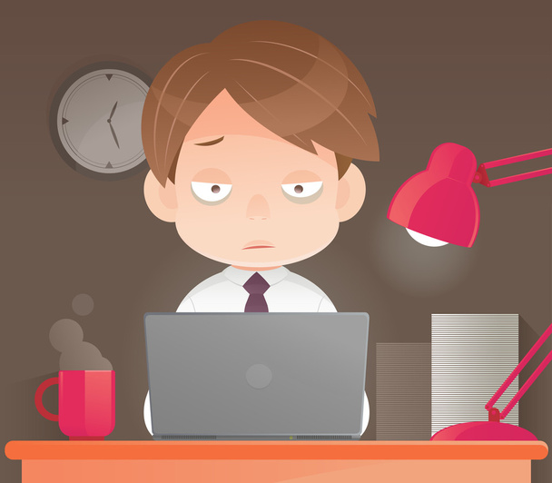 Businessman working overtime late night in office - Vector, Image