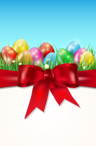 Kartka Wielkanocna z pisanki w trawie i czerwona kokarda - Wektor, obraz