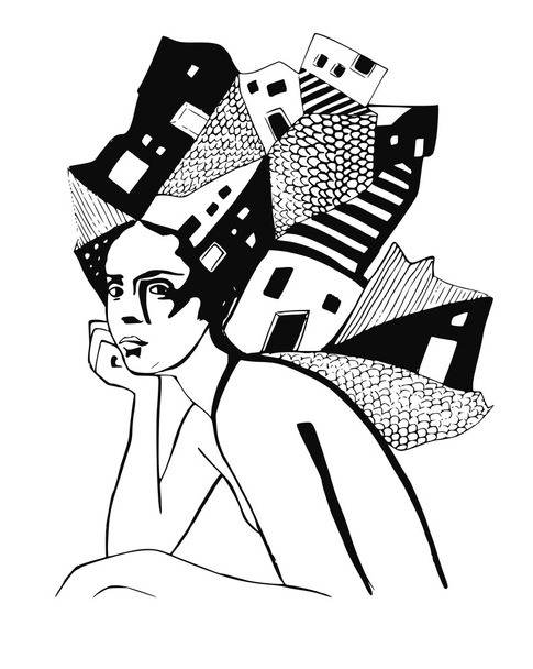 black-and-white illustration depicting abstract portrait of a woman - Photo, Image