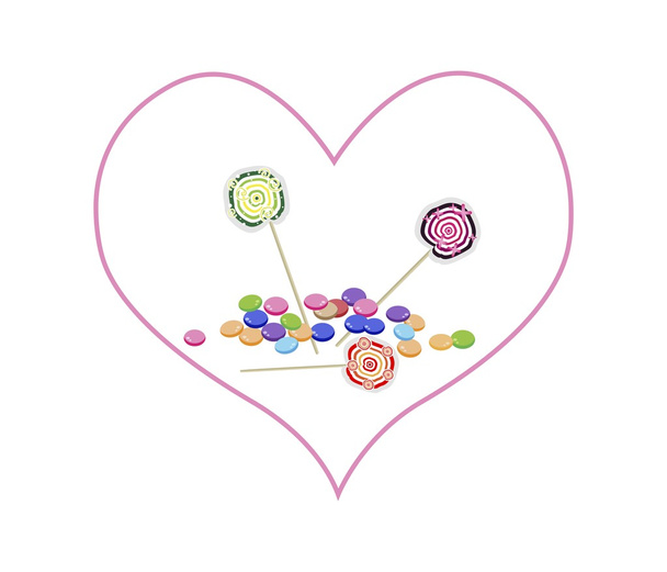 Chocolates and Lollipops in Lovely Heart Shape - Vector, afbeelding