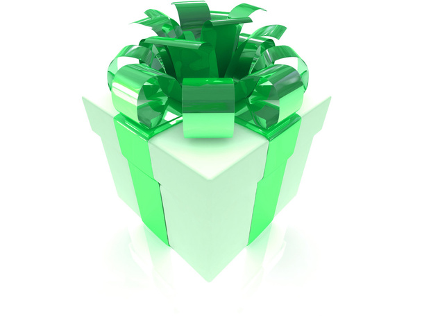 One white gift box with green ribbon and bow isolated - Valokuva, kuva