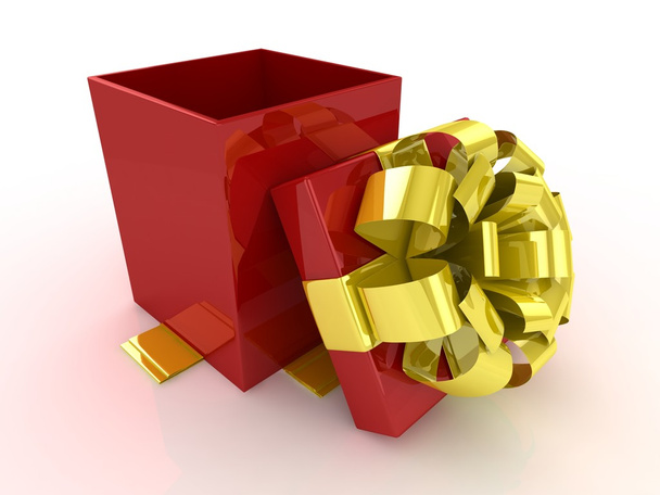 Open gift box with yellow bow and ribbons. - 写真・画像