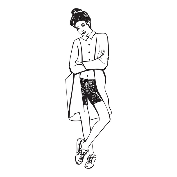 Belle giovani donne in pantaloncini di moda e scarpe da ginnastica
 - Vettoriali, immagini