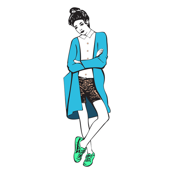 Beautiful young women in a fashion shorts and sneakers - Vector, Image