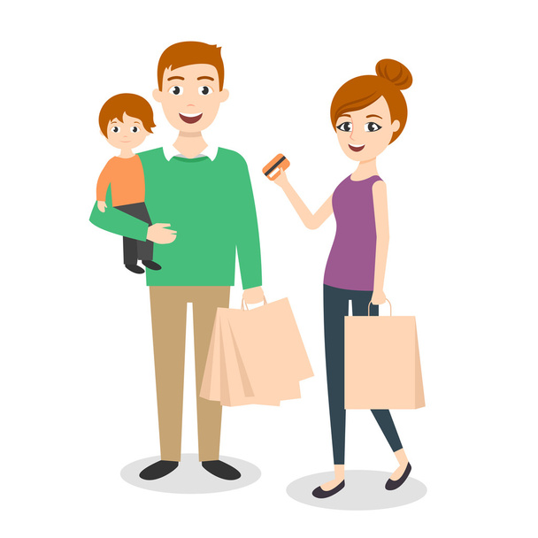Illustrazione vettoriale della famiglia: mamma, papà e figlio. Borse della spesa. Shopping in famiglia con carta di credito
. - Vettoriali, immagini