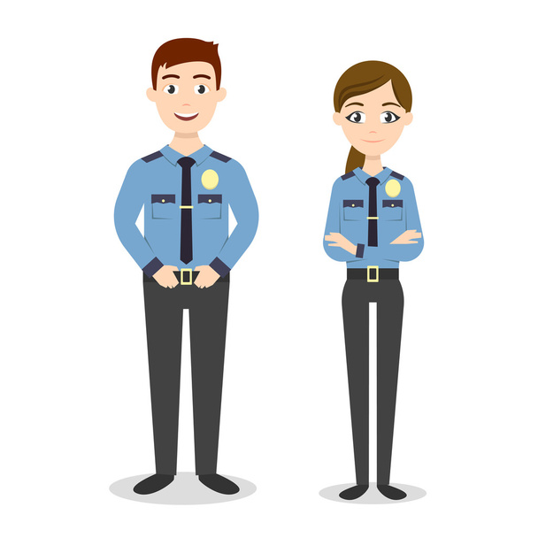 Personagens: dois jovens policiais felizes, homem e mulher
. - Vetor, Imagem