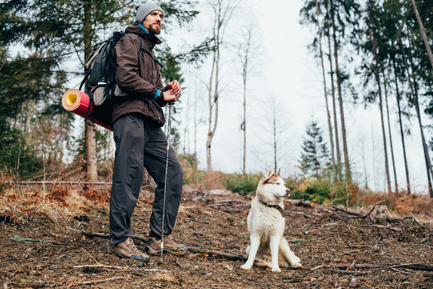 male hiker with siberian husky dog - Fotó, kép