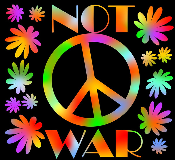 International symbol of peace, disarmament, anti-war movement. Grunge street art design in hippies rainbow colors, inscription not war. Vector image on radiating background. Retro motif of hippies - Διάνυσμα, εικόνα