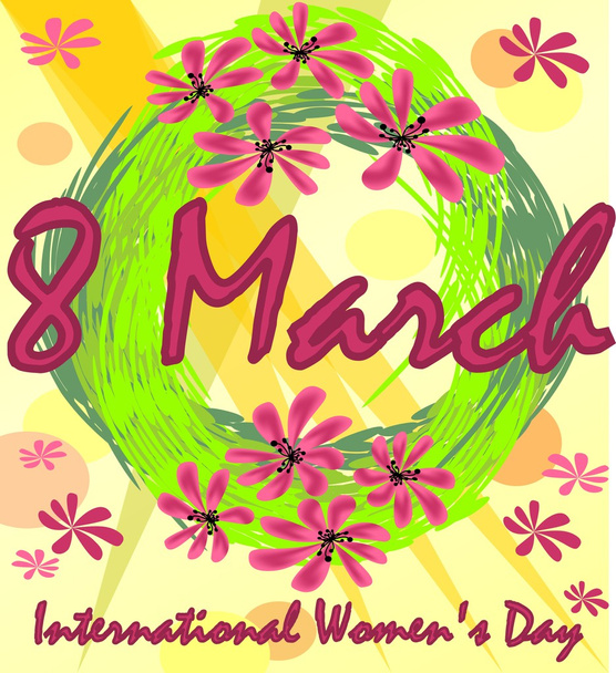 Международный женский день в гранж дизайне с весенним венком и красными цветами. 8 марта приветственный билборд или плакат, полезный для сувенирного магазина
 - Вектор,изображение