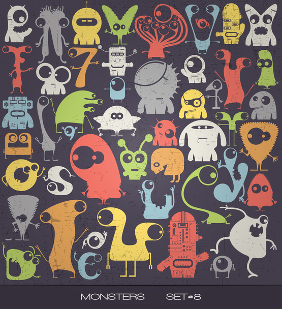 Cute colorful monsters on grunge background. - Vektor, obrázek