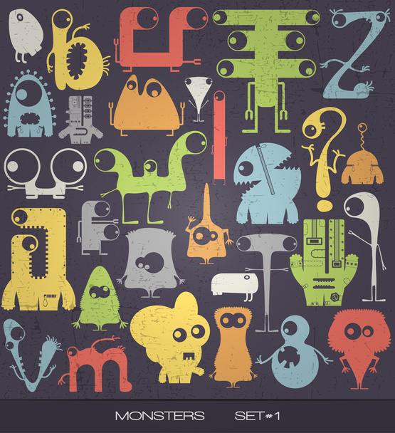 Cute colorful monsters on grunge background. - Vector, imagen