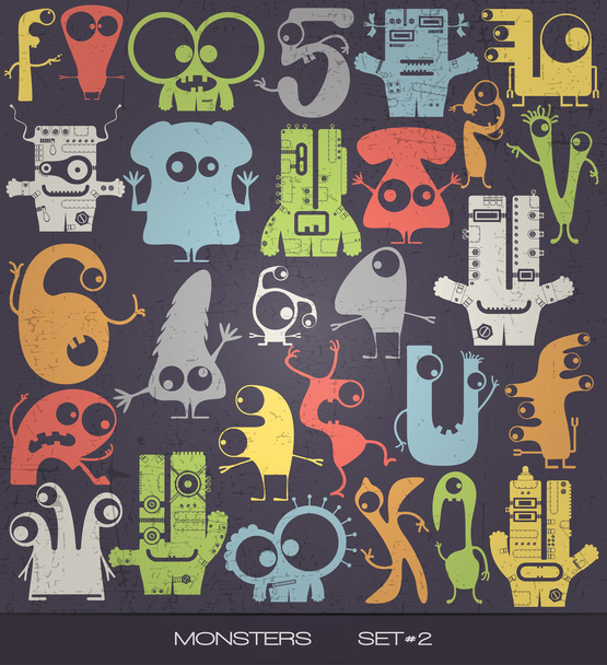 Cute colorful monsters on grunge background. - ベクター画像