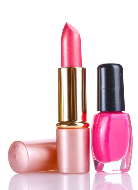 Pink lipstick and nail polish isolated on white - Photo, image